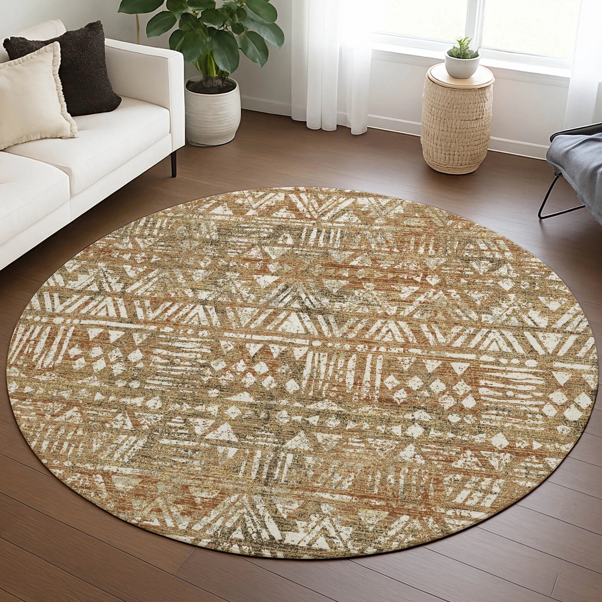 8' Orange And Brown Round Geometric Washable Indoor Outdoor Area Rug Homeroots Outdoor