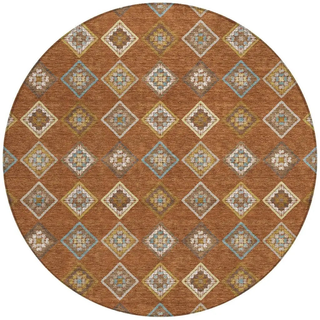 8' Orange And Brown Round Geometric Washable Indoor Outdoor Area Rug Homeroots Outdoor
