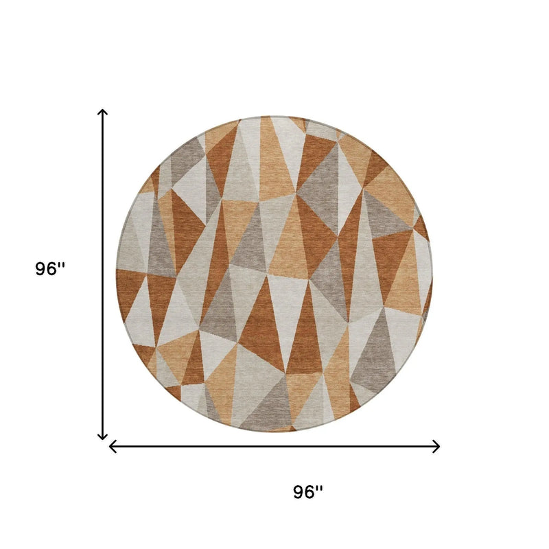 8' Orange And Brown Round Geometric Washable Indoor Outdoor Area Rug Homeroots Outdoor