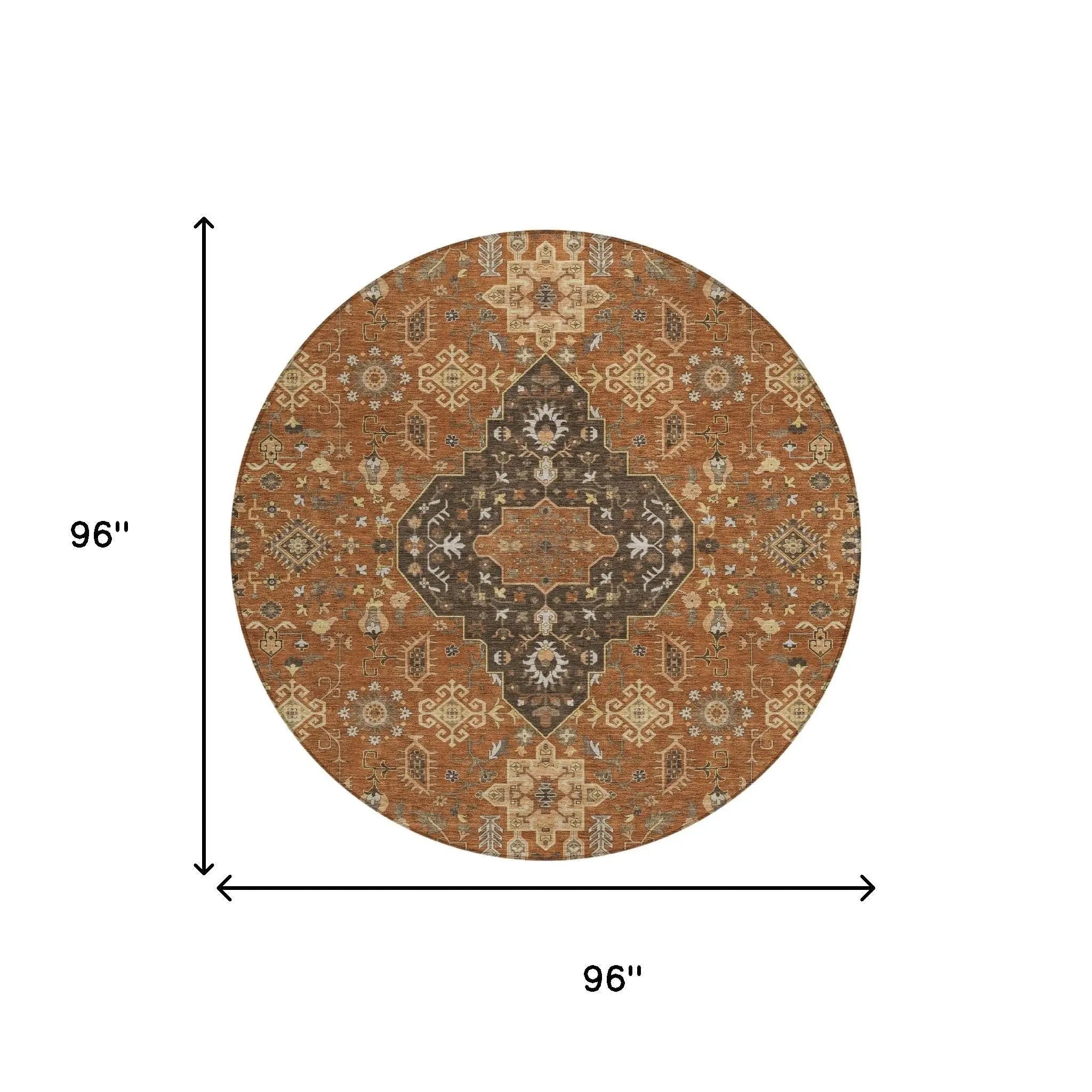 8' Orange And Brown Round Medallion Washable Indoor Outdoor Area Rug Homeroots Outdoor