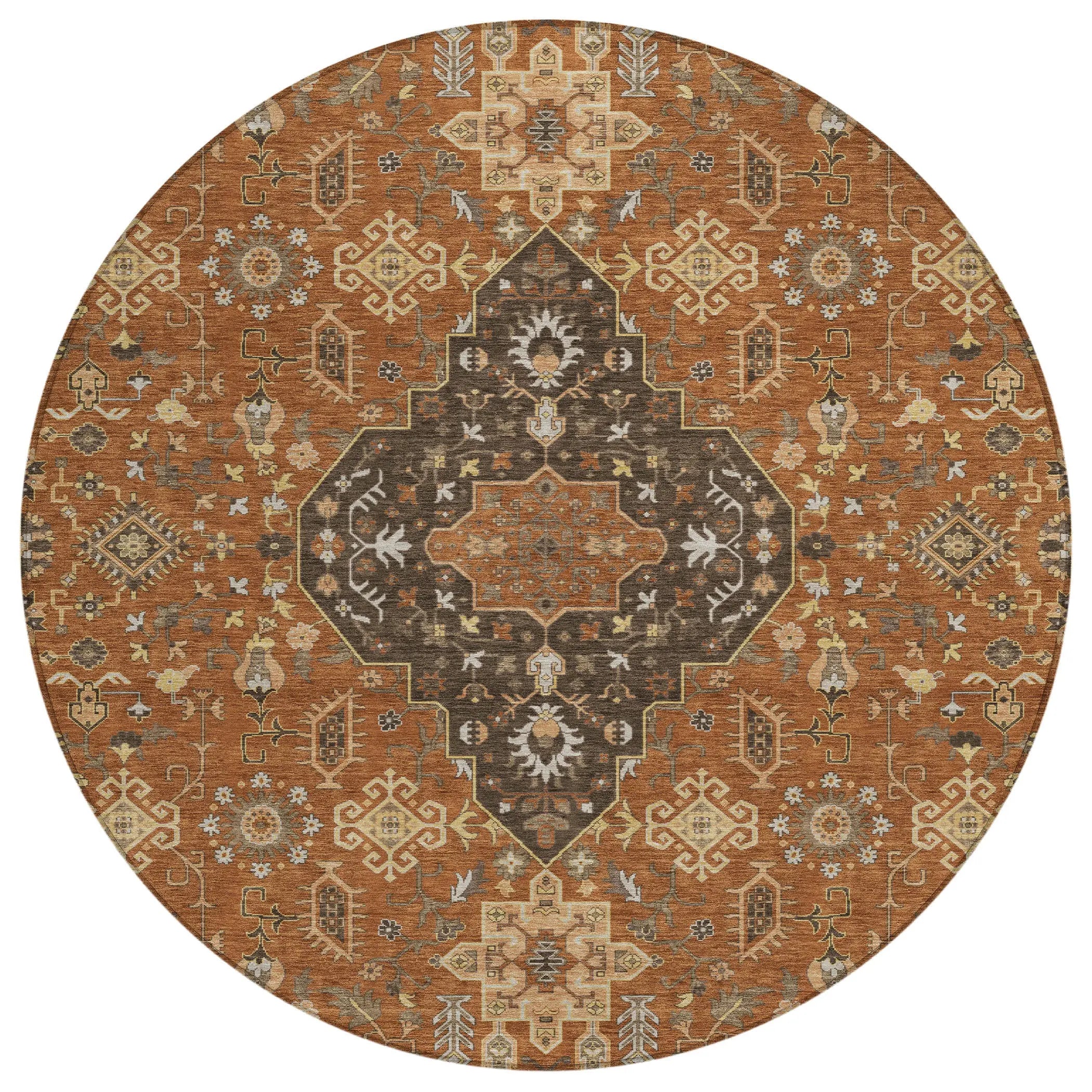 8' Orange And Brown Round Medallion Washable Indoor Outdoor Area Rug Homeroots Outdoor