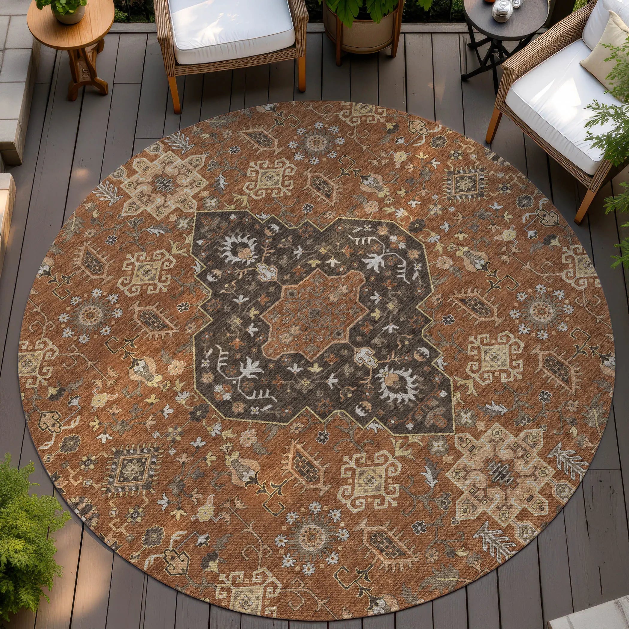 8' Orange And Brown Round Medallion Washable Indoor Outdoor Area Rug Homeroots Outdoor