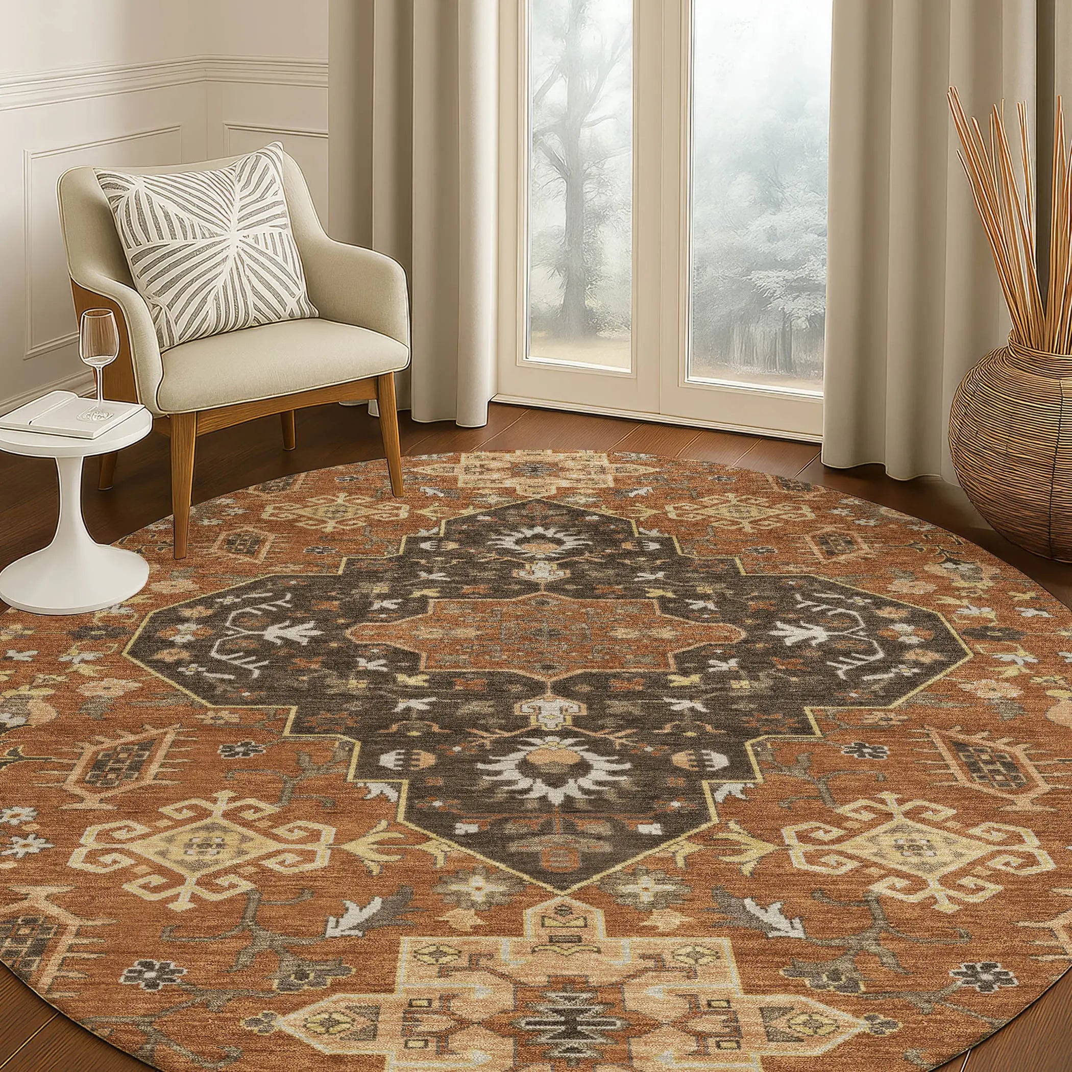 8' Orange And Brown Round Medallion Washable Indoor Outdoor Area Rug Homeroots Outdoor