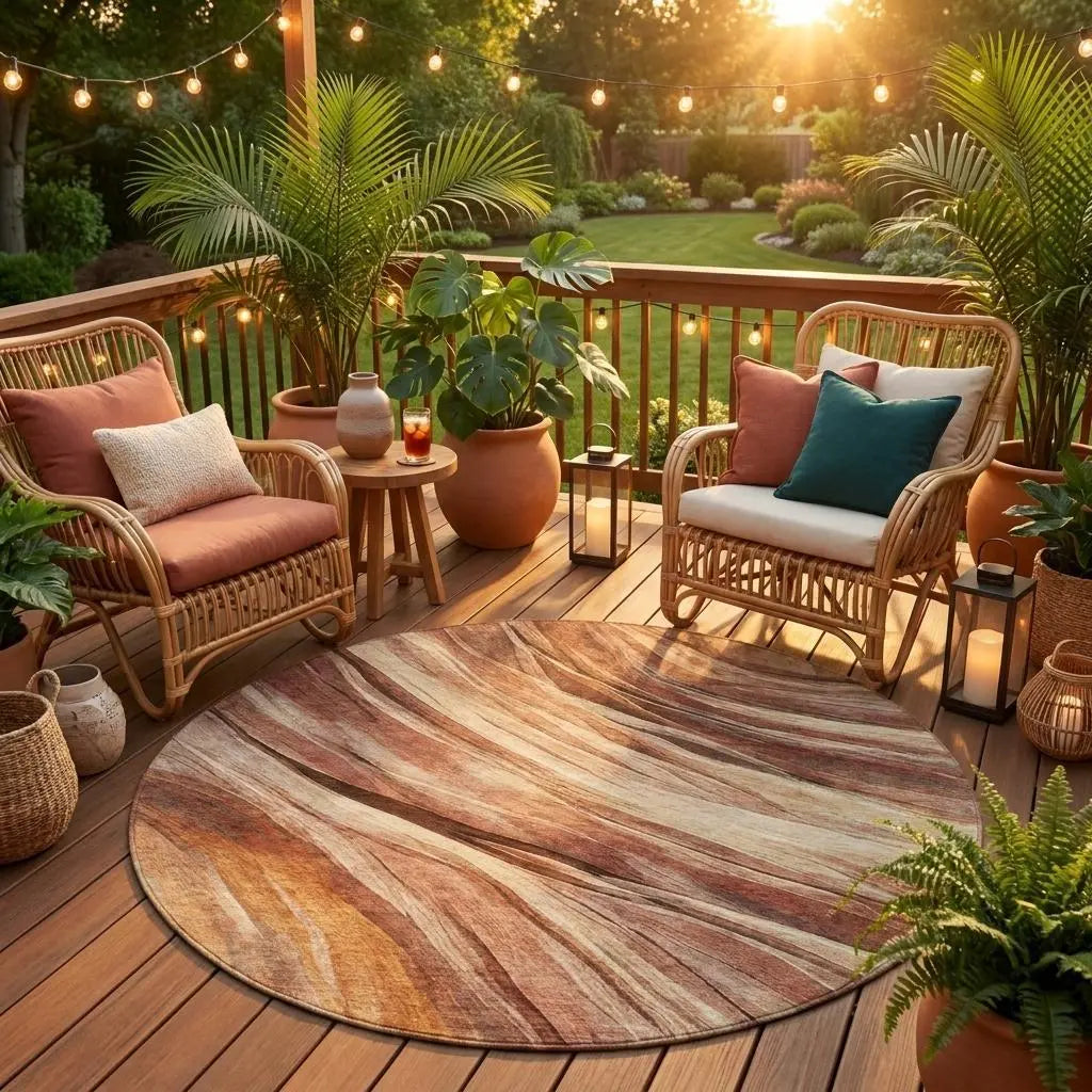 8' Orange And Burgundy Round Abstract Washable Indoor Outdoor Area Rug Homeroots Outdoor