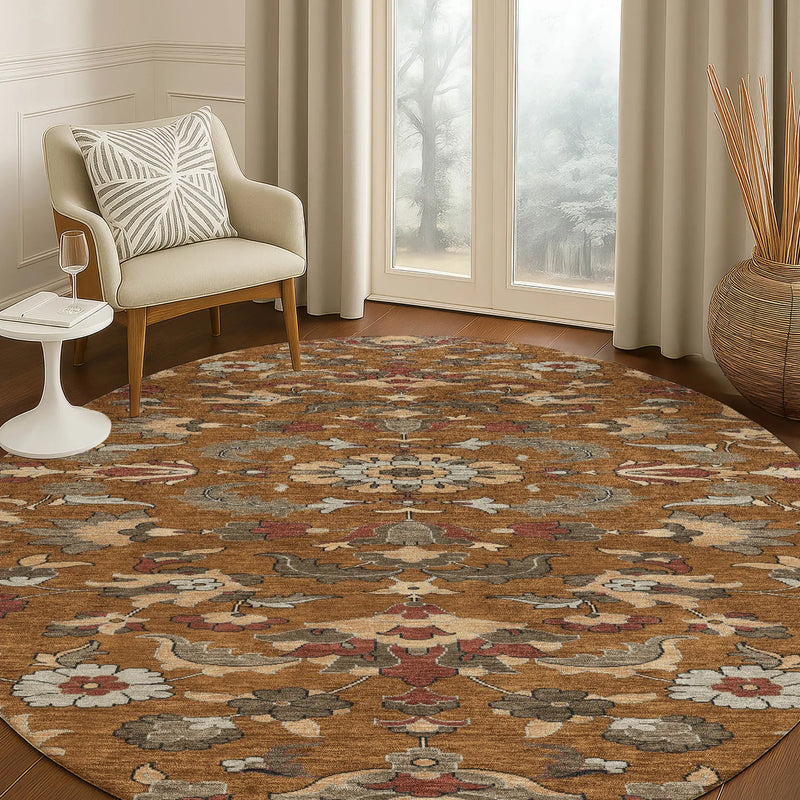 8' Orange And Burgundy Round Floral Medallion Washable Indoor Outdoor Area Rug Homeroots Outdoor