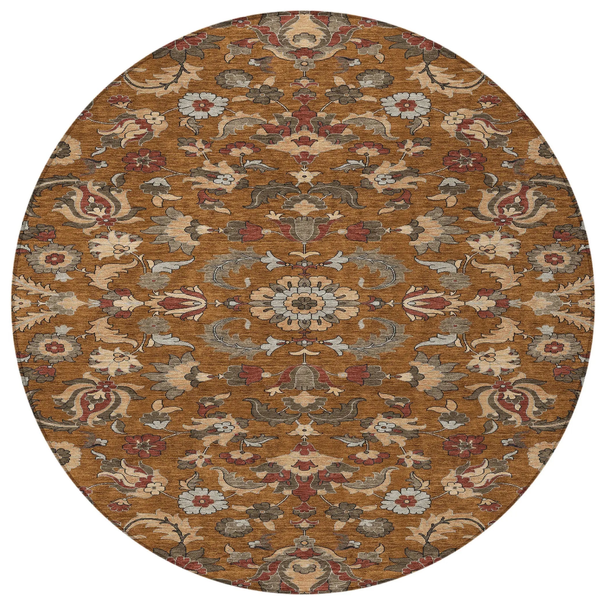 8' Orange And Burgundy Round Floral Medallion Washable Indoor Outdoor Area Rug Homeroots Outdoor