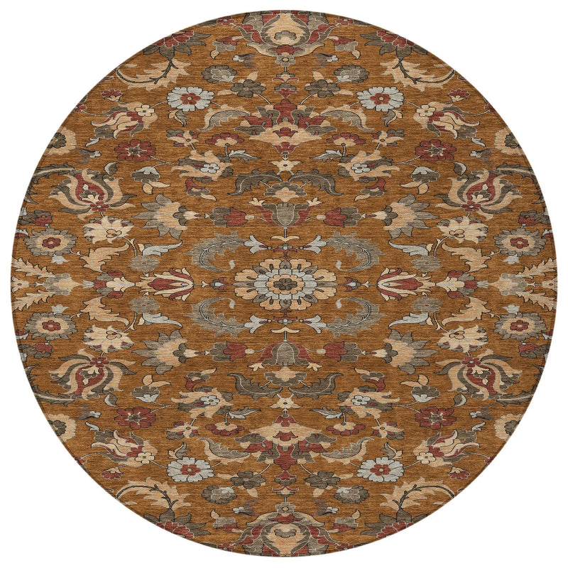 8' Orange And Burgundy Round Floral Medallion Washable Indoor Outdoor Area Rug Homeroots Outdoor