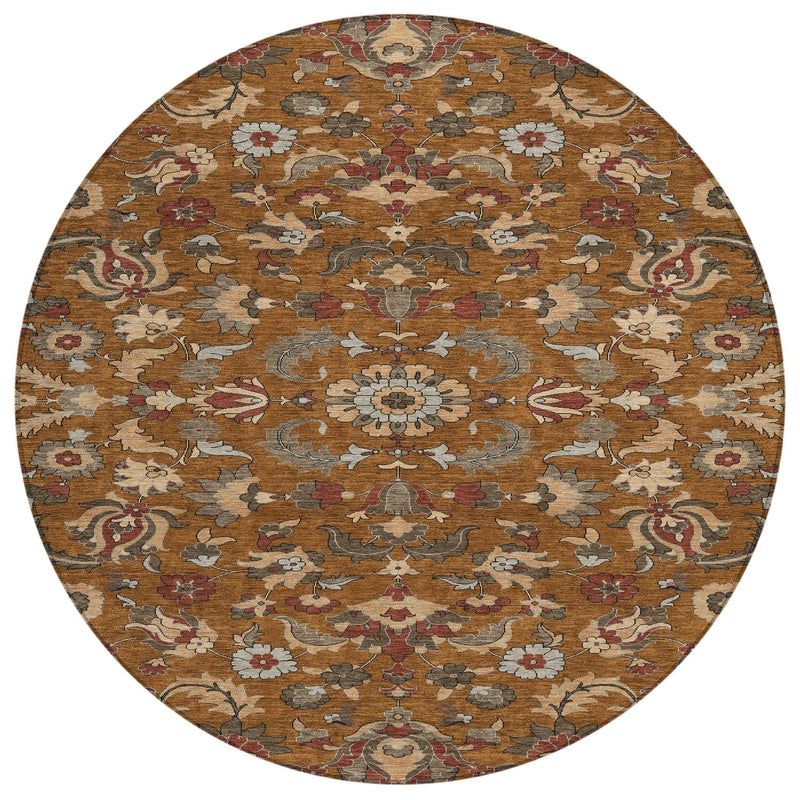 8' Orange And Burgundy Round Floral Medallion Washable Indoor Outdoor Area Rug Homeroots Outdoor