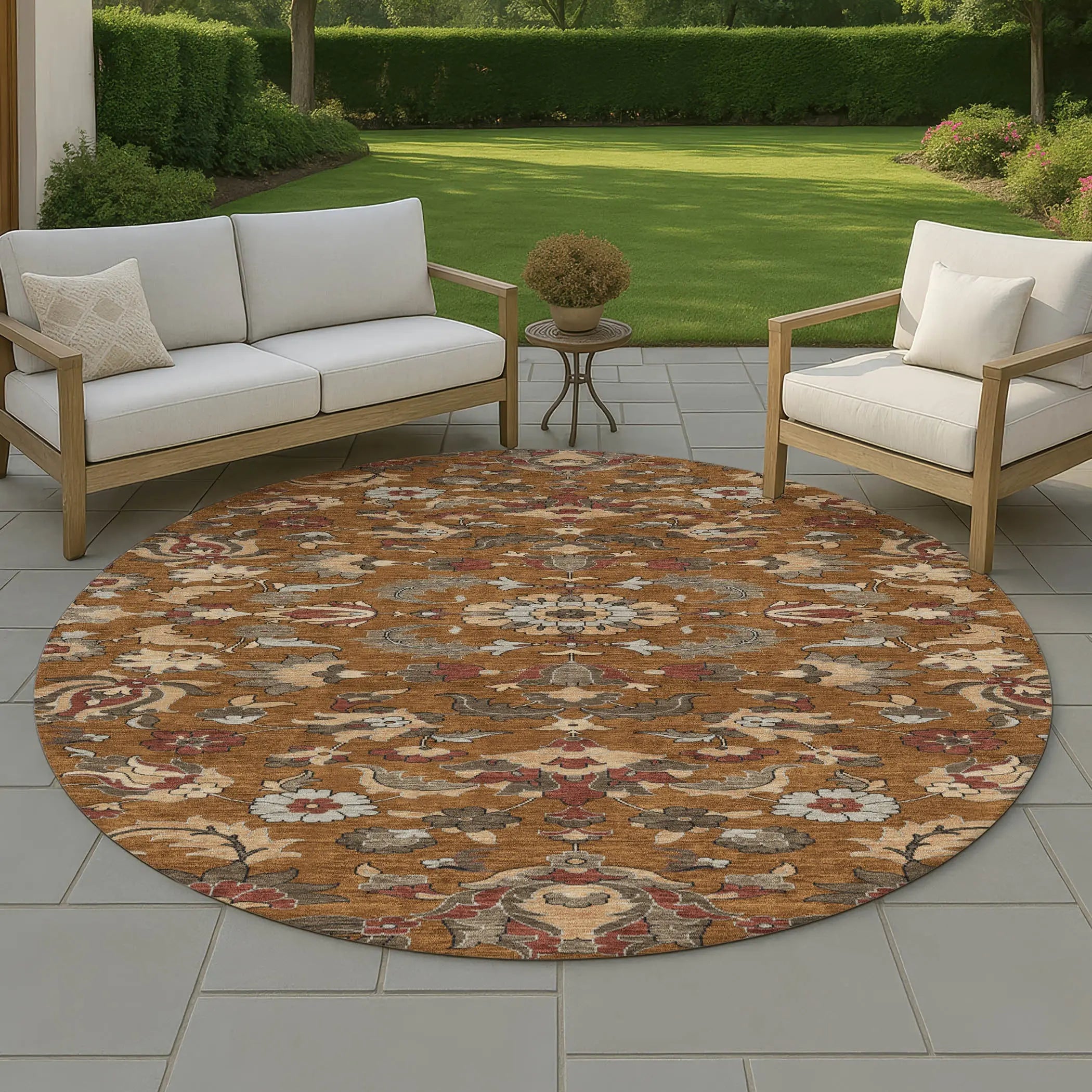 8' Orange And Burgundy Round Floral Medallion Washable Indoor Outdoor Area Rug Homeroots Outdoor