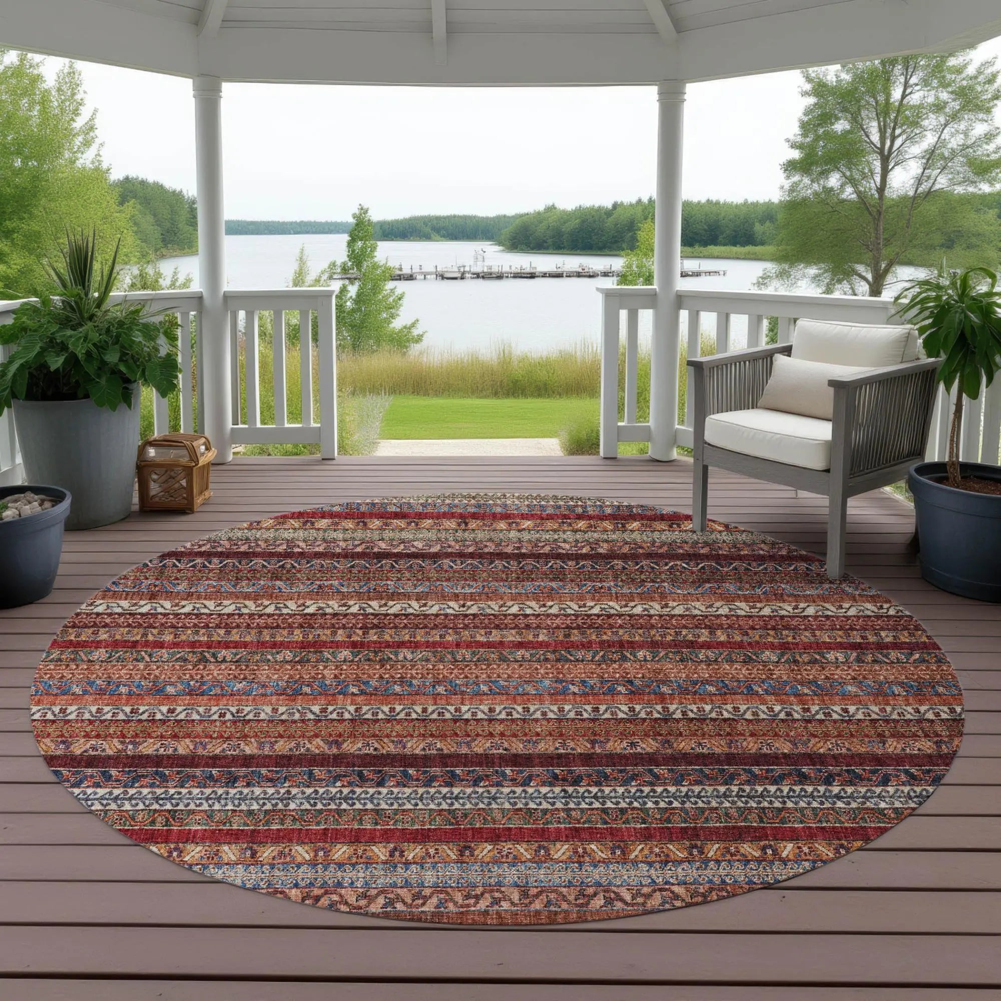 8' Orange And Burgundy Round Striped Washable Indoor Outdoor Area Rug Homeroots Outdoor