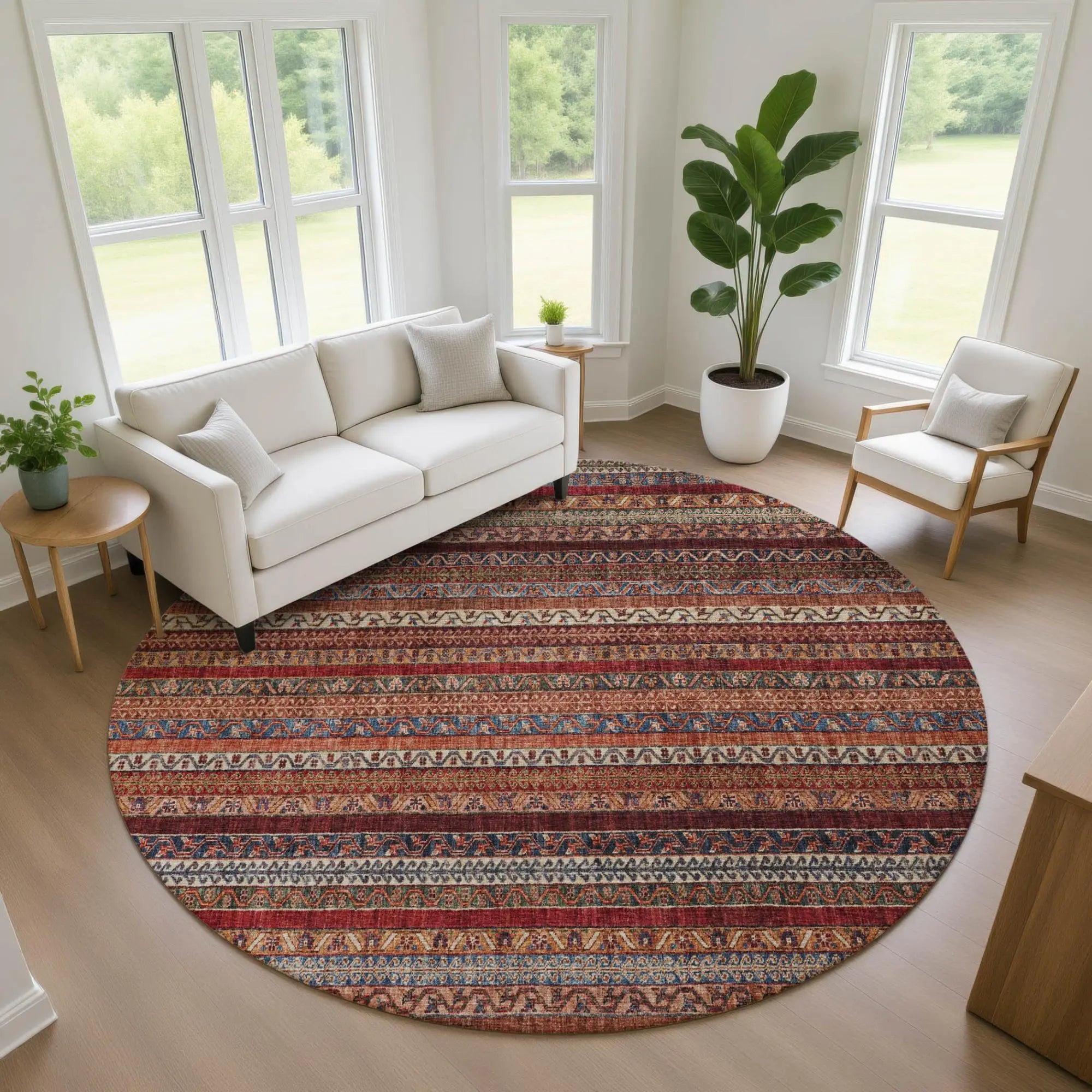 8' Orange And Burgundy Round Striped Washable Indoor Outdoor Area Rug Homeroots Outdoor
