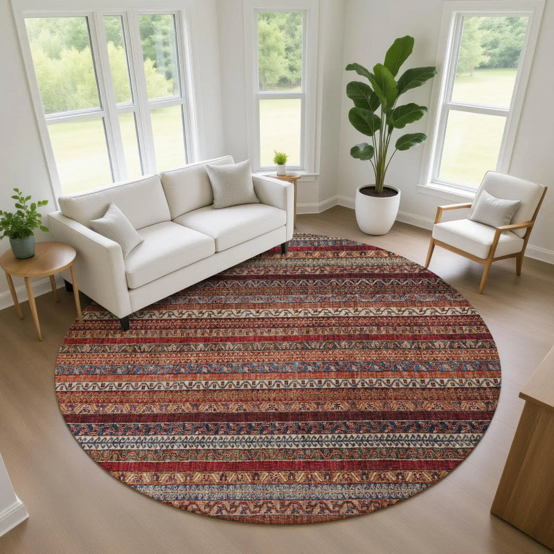 8' Orange And Burgundy Round Striped Washable Indoor Outdoor Area Rug Homeroots Outdoor