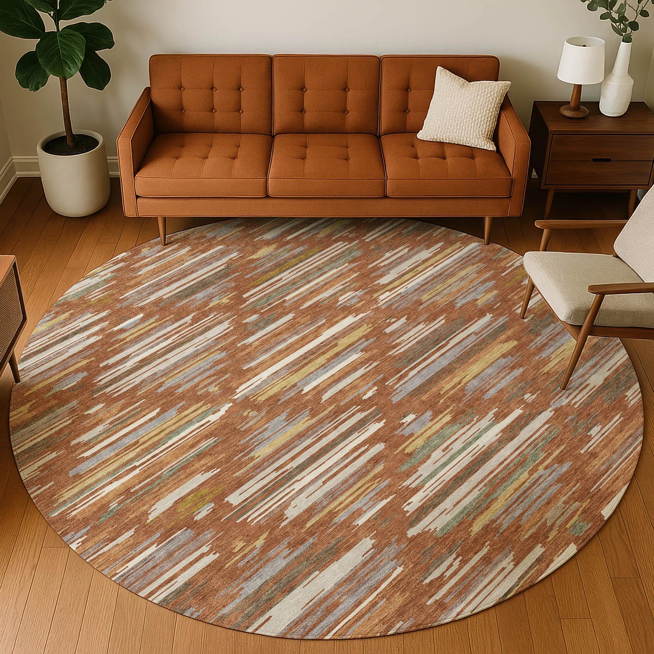 8' Orange And Charcoal Round Southwestern Washable Indoor Outdoor Area Rug Homeroots Outdoor