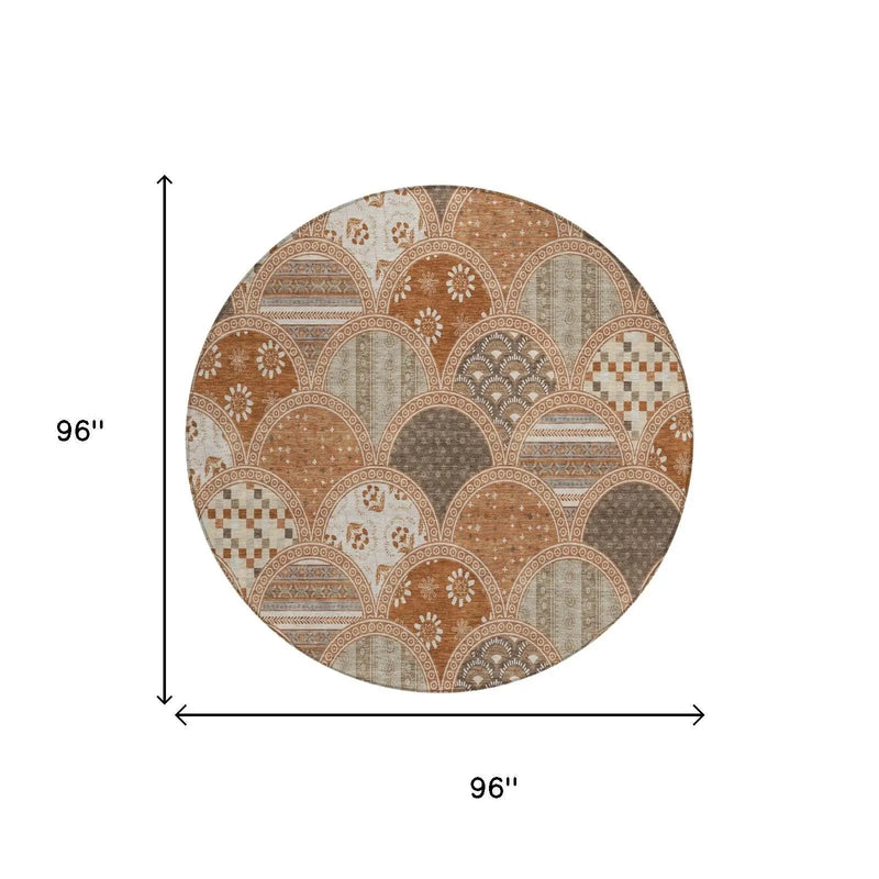 8' Orange And Chocolate Round Geometric Washable Indoor Outdoor Area Rug Homeroots Outdoor