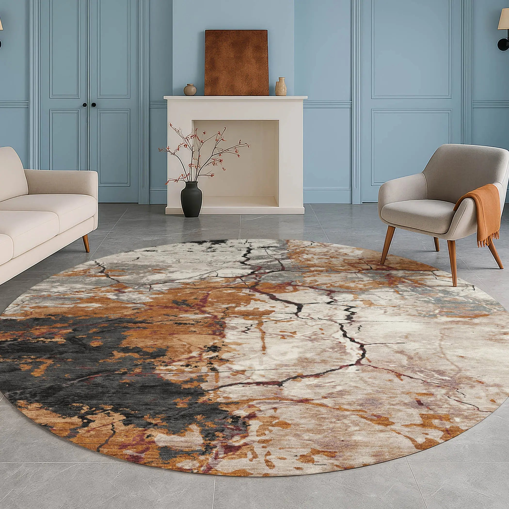 8' Orange And Copper Round Abstract Washable Indoor Outdoor Area Rug Homeroots Outdoor