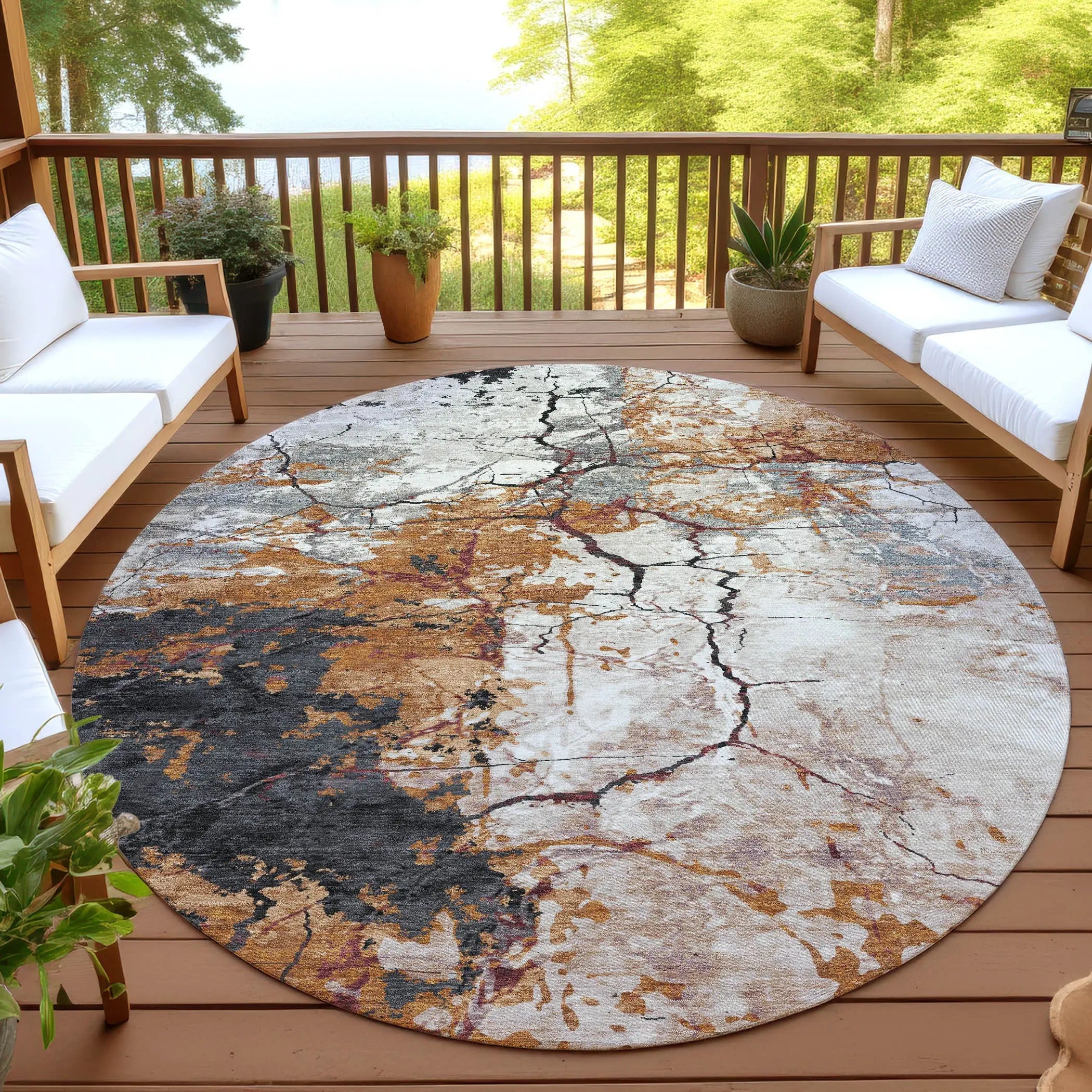 8' Orange And Copper Round Abstract Washable Indoor Outdoor Area Rug Homeroots Outdoor
