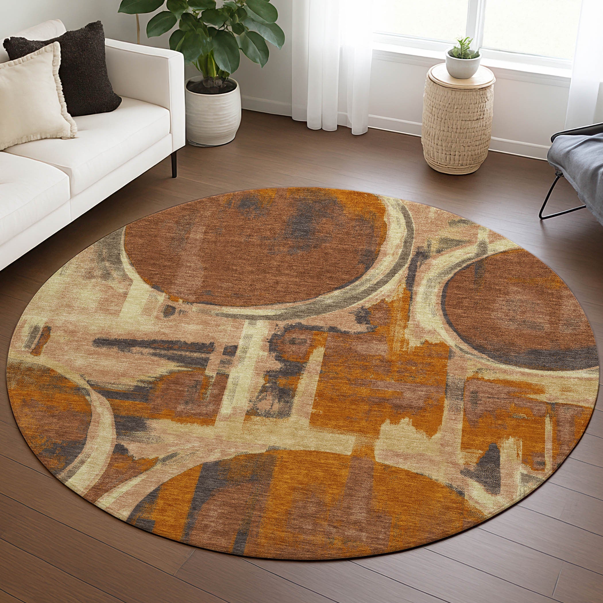 8' Orange And Copper Round Abstract Washable Indoor Outdoor Area Rug Homeroots Outdoor