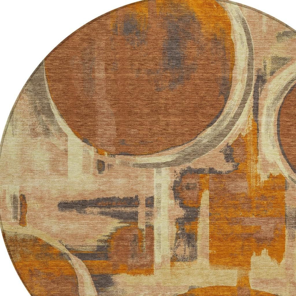 8' Orange And Copper Round Abstract Washable Indoor Outdoor Area Rug Homeroots Outdoor