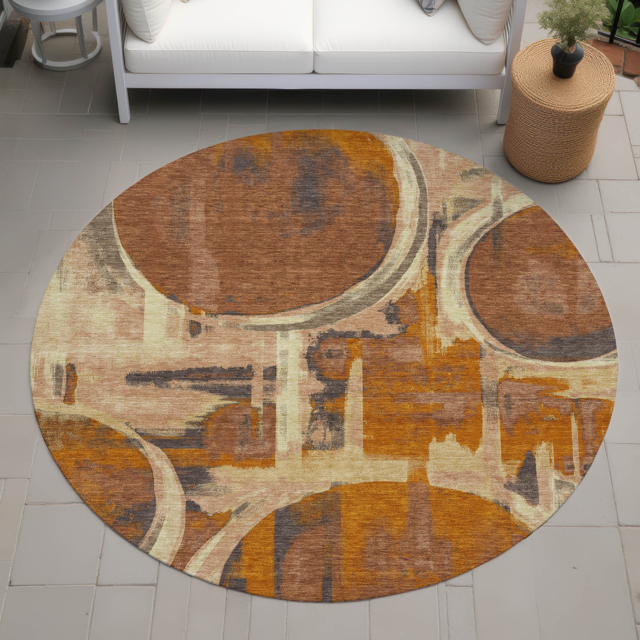 8' Orange And Copper Round Abstract Washable Indoor Outdoor Area Rug Homeroots Outdoor