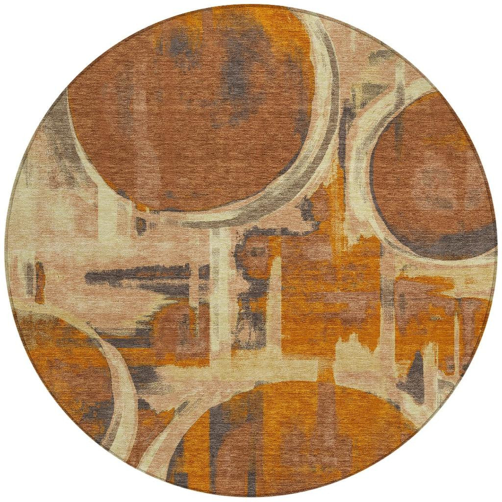 8' Orange And Copper Round Abstract Washable Indoor Outdoor Area Rug Homeroots Outdoor