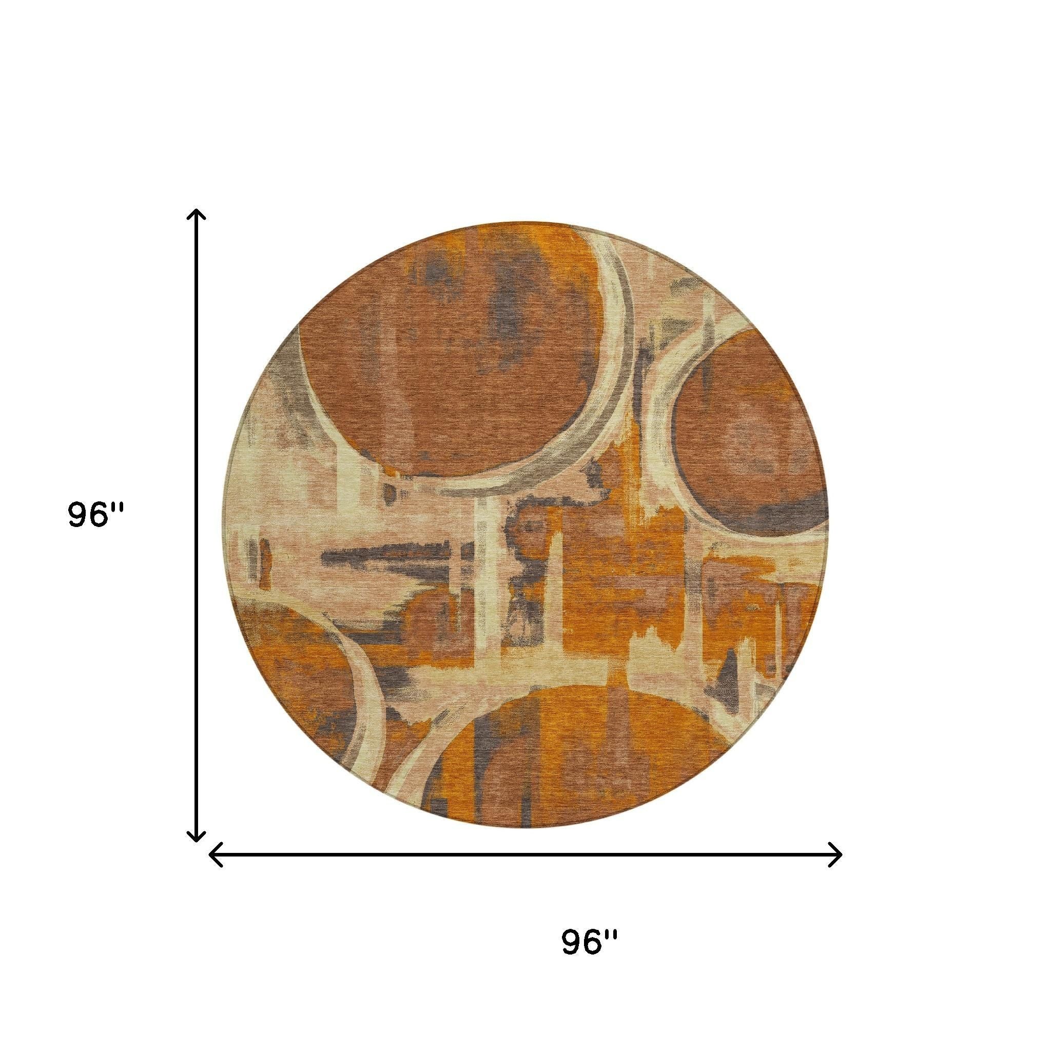 8' Orange And Copper Round Abstract Washable Indoor Outdoor Area Rug Homeroots Outdoor