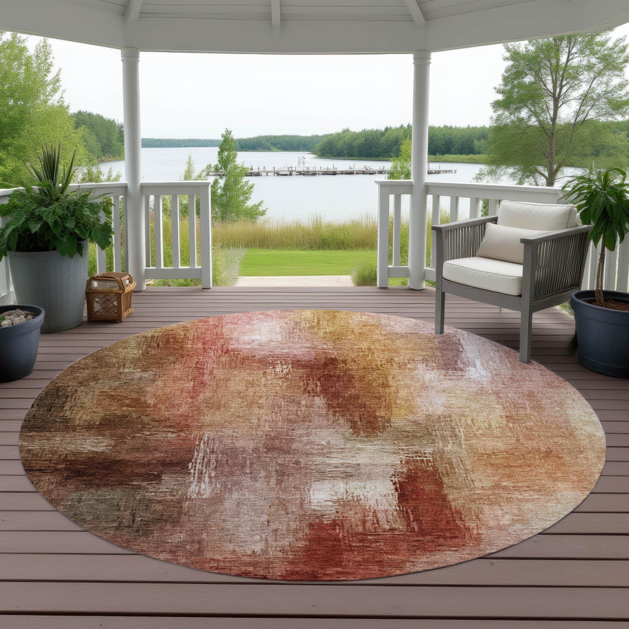 8' Orange And Copper Round Abstract Washable Indoor Outdoor Area Rug Homeroots Outdoor
