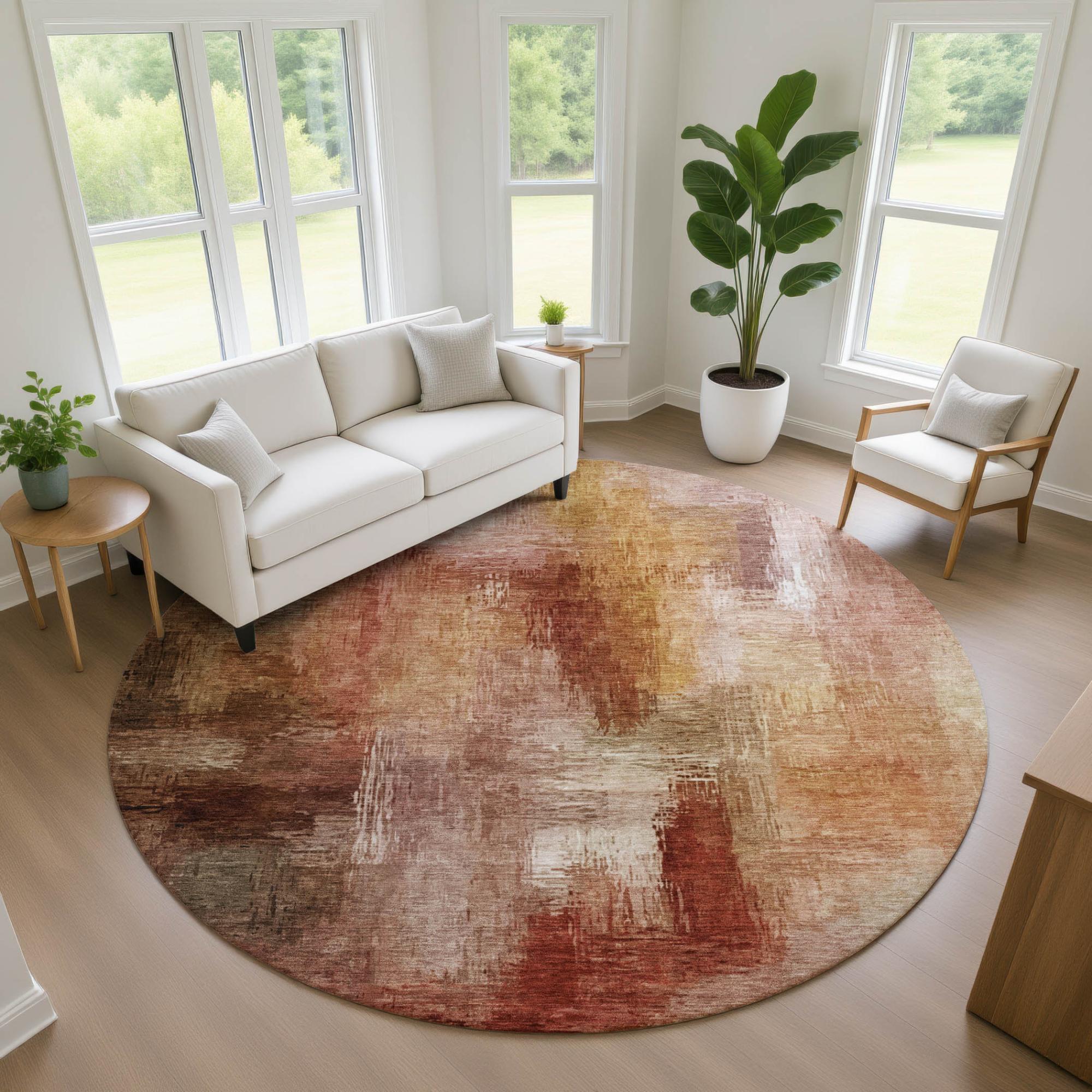 8' Orange And Copper Round Abstract Washable Indoor Outdoor Area Rug Homeroots Outdoor