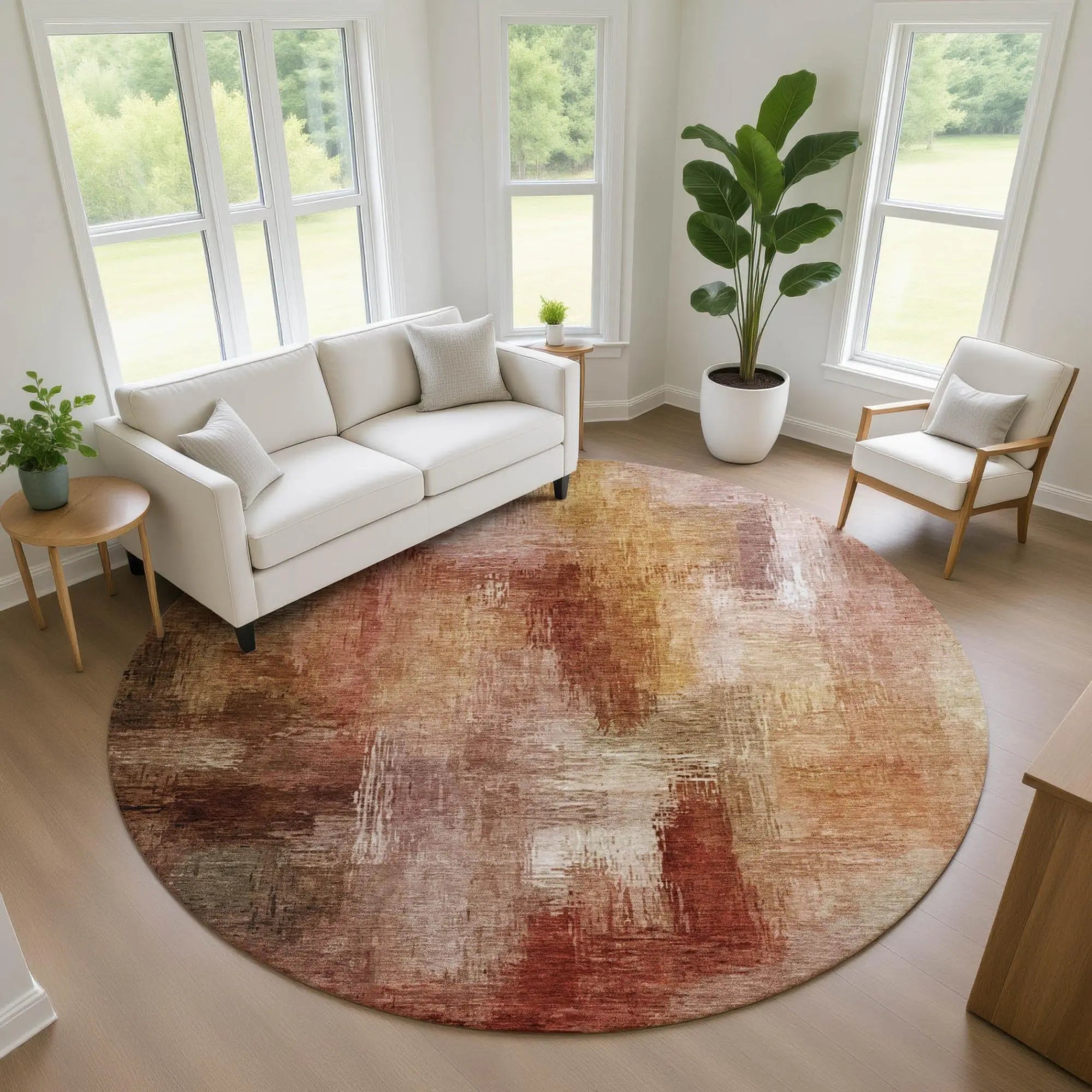 8' Orange And Copper Round Abstract Washable Indoor Outdoor Area Rug Homeroots Outdoor