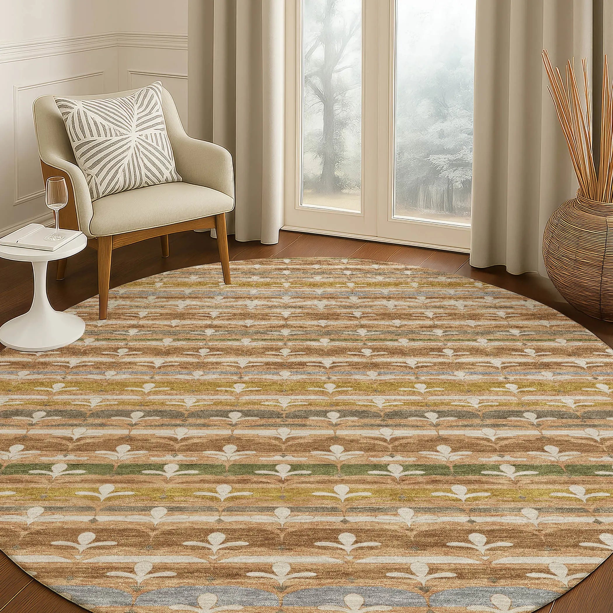 8' Orange And Copper Round Damask Washable Indoor Outdoor Area Rug Homeroots Outdoor