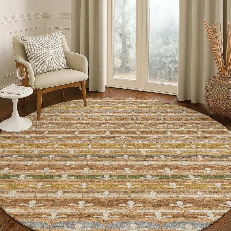 8' Orange And Copper Round Damask Washable Indoor Outdoor Area Rug Homeroots Outdoor