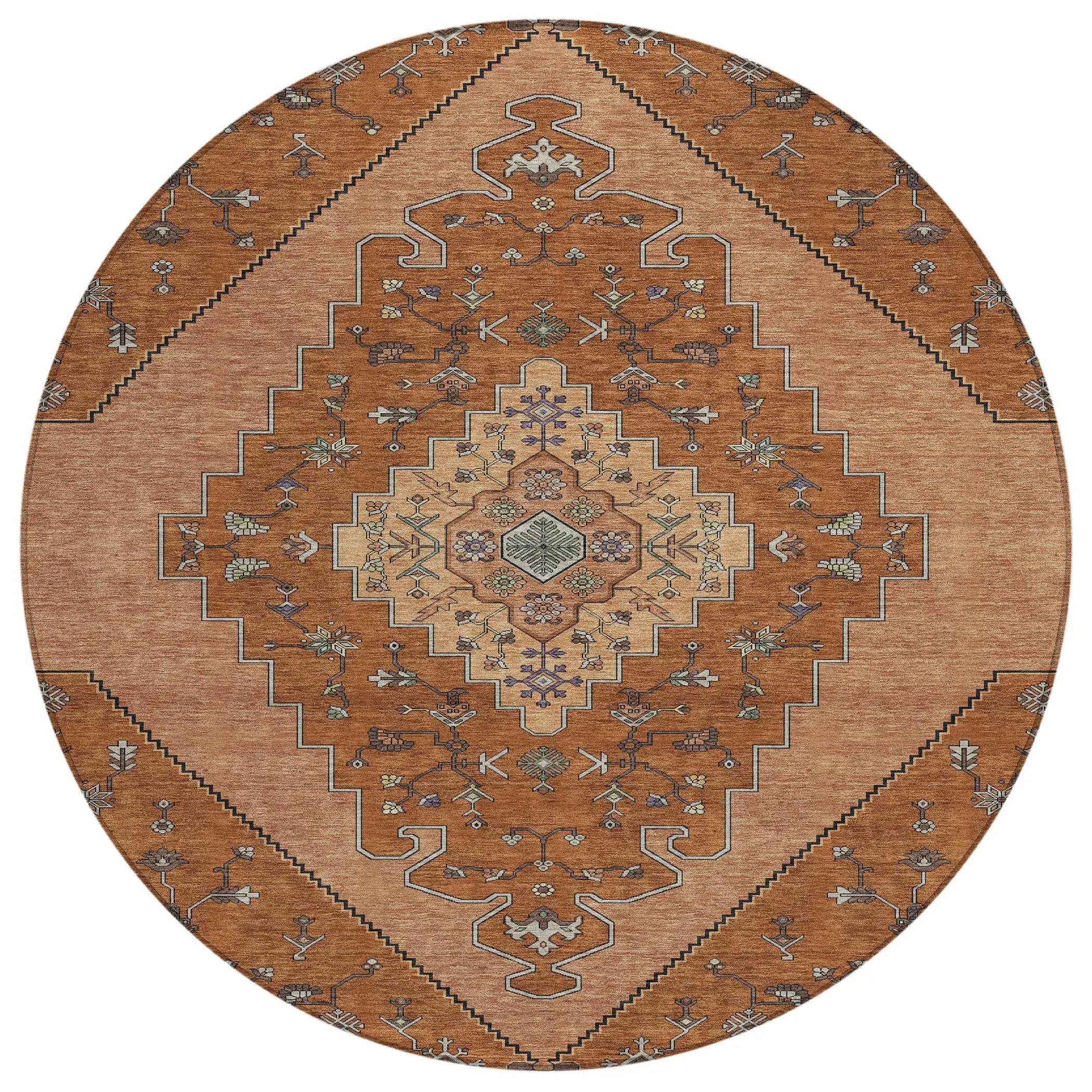 8' Orange And Copper Round Geometric Washable Indoor Outdoor Area Rug Homeroots Outdoor