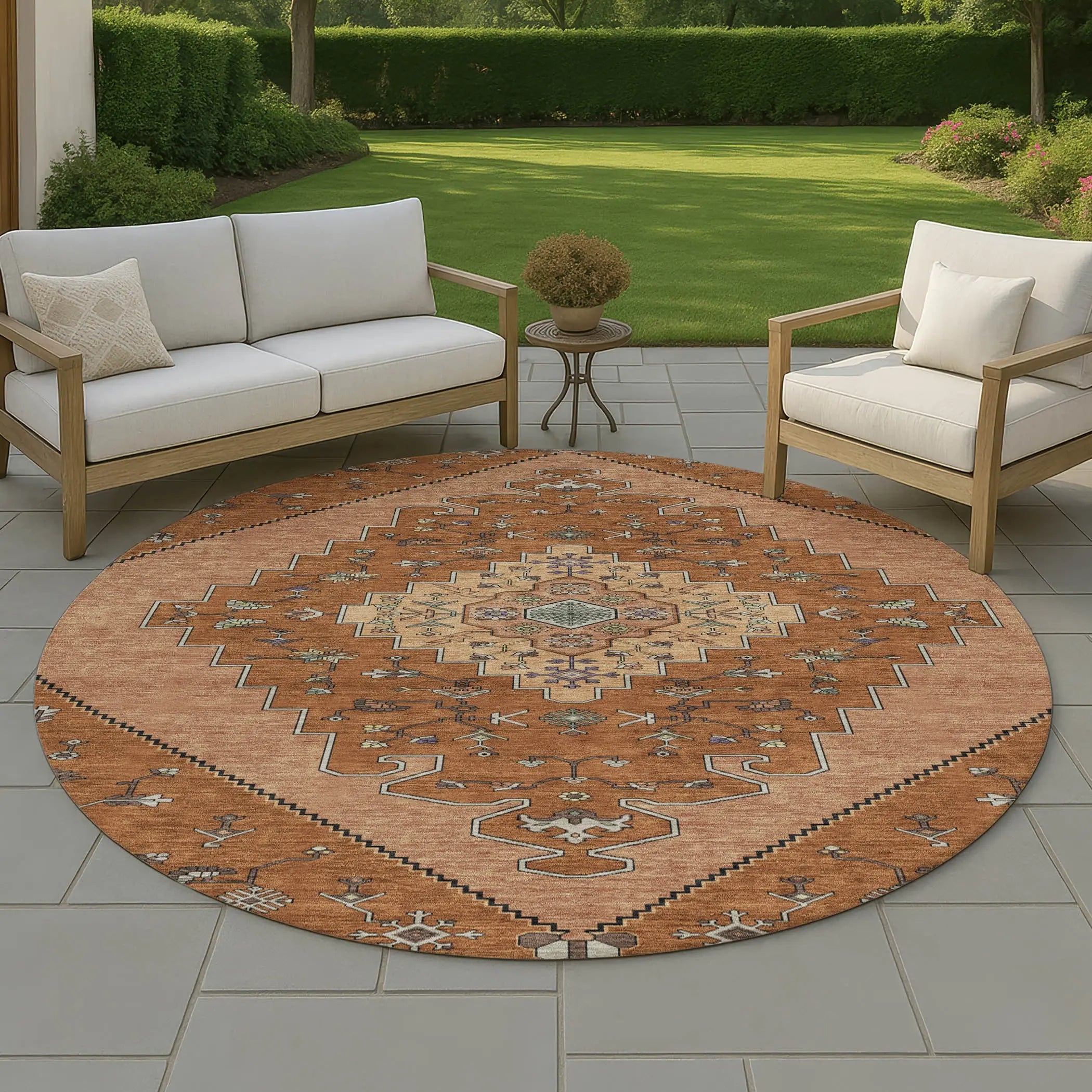 8' Orange And Copper Round Geometric Washable Indoor Outdoor Area Rug Homeroots Outdoor
