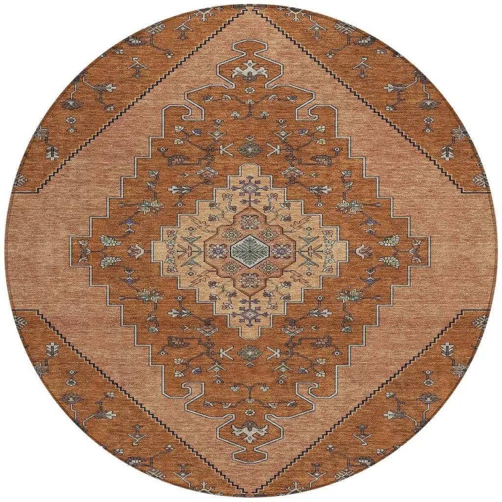 8' Orange And Copper Round Geometric Washable Indoor Outdoor Area Rug Homeroots Outdoor