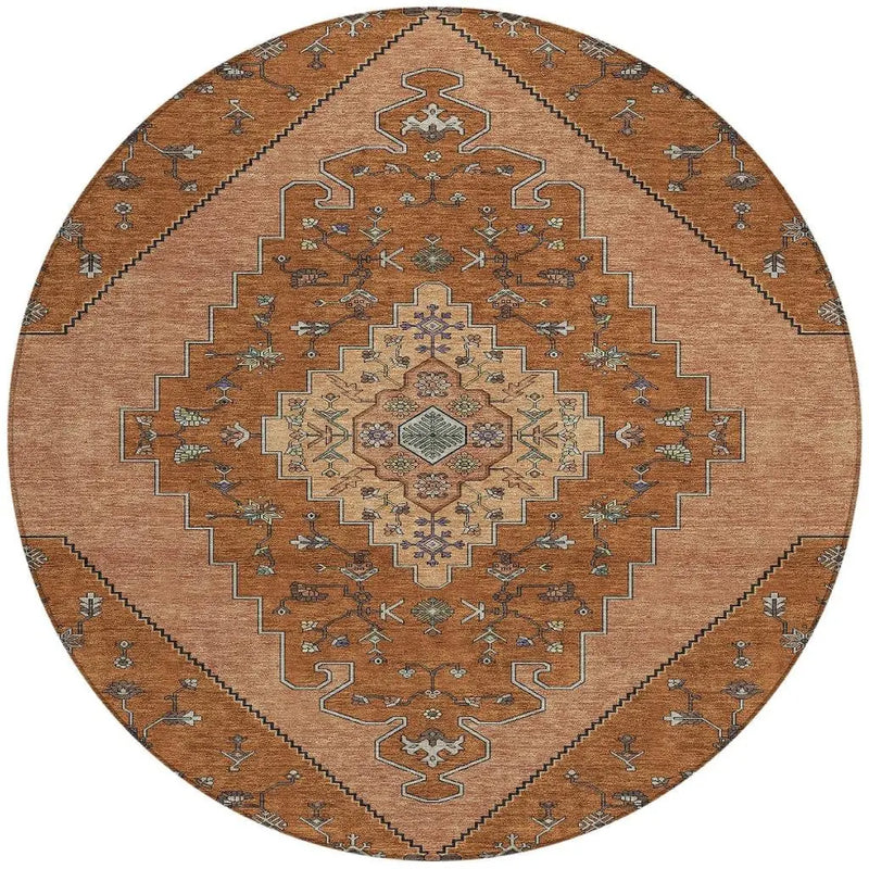 8' Orange And Copper Round Geometric Washable Indoor Outdoor Area Rug Homeroots Outdoor