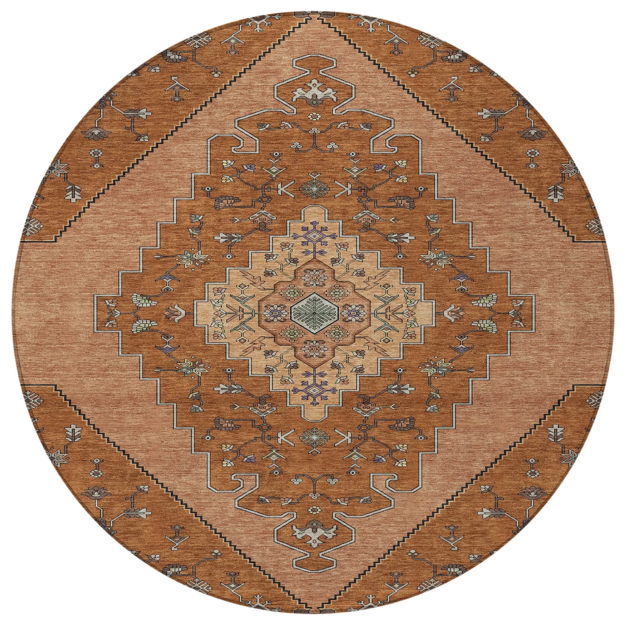 8' Orange And Copper Round Geometric Washable Indoor Outdoor Area Rug Homeroots Outdoor