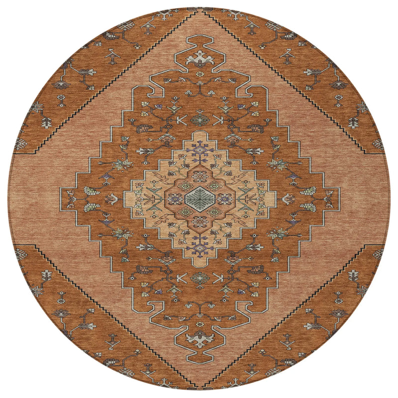 8' Orange And Copper Round Geometric Washable Indoor Outdoor Area Rug Homeroots Outdoor
