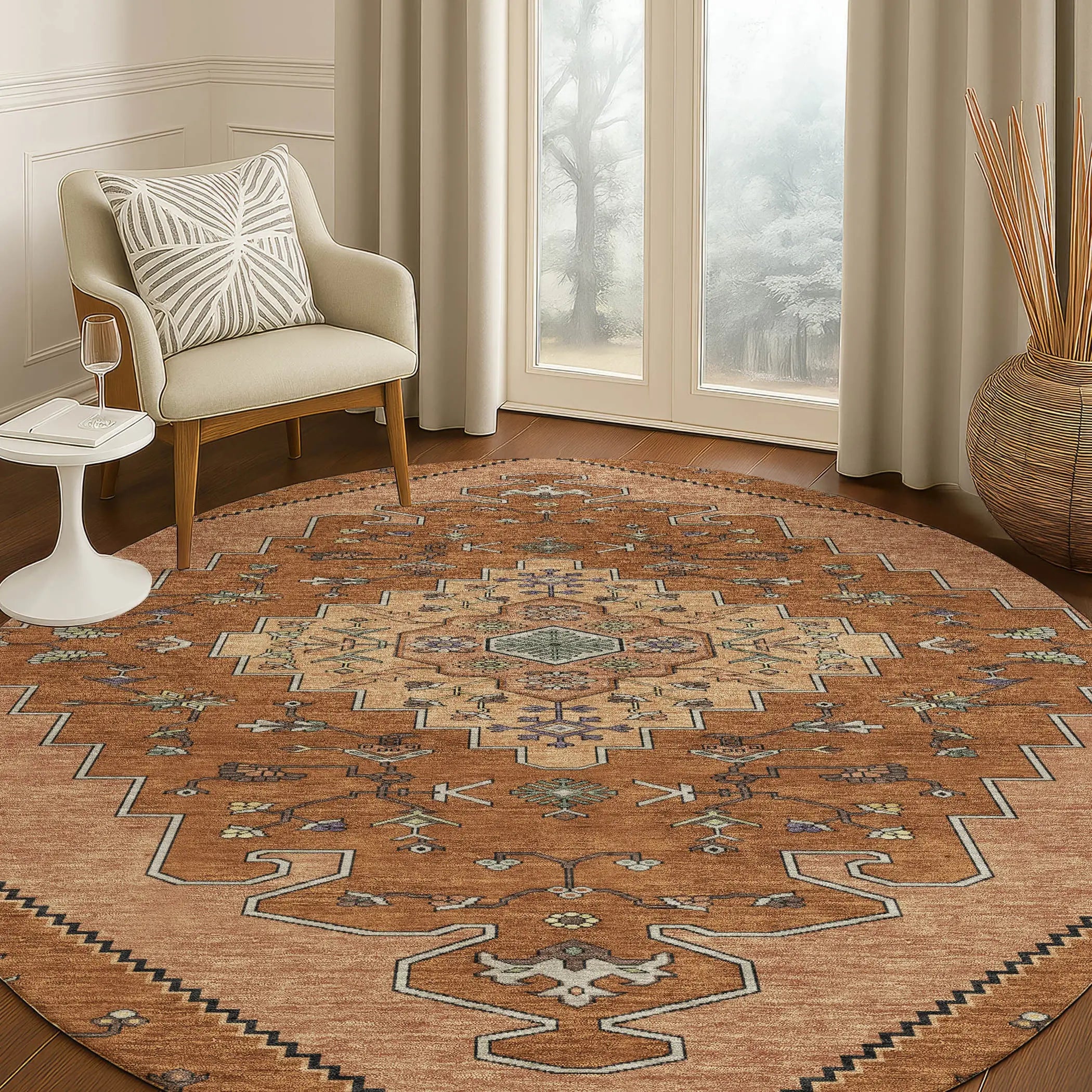 8' Orange And Copper Round Geometric Washable Indoor Outdoor Area Rug Homeroots Outdoor