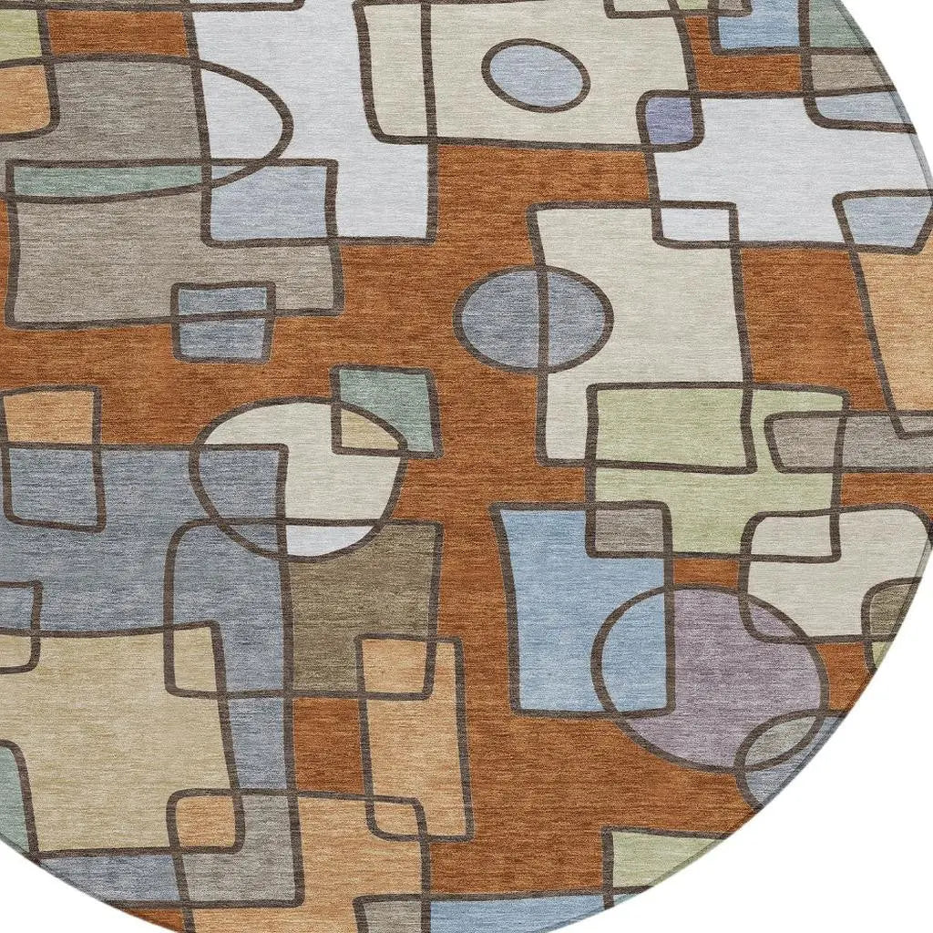 8' Orange And Copper Round Geometric Washable Indoor Outdoor Area Rug Homeroots Outdoor