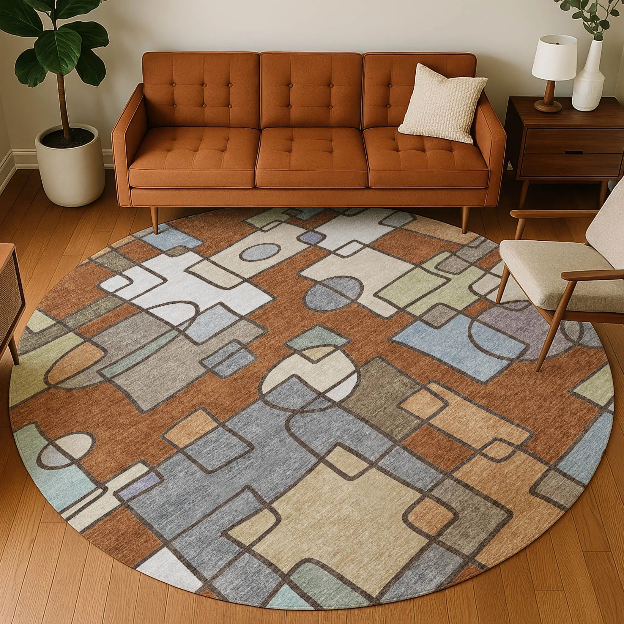 8' Orange And Copper Round Geometric Washable Indoor Outdoor Area Rug Homeroots Outdoor
