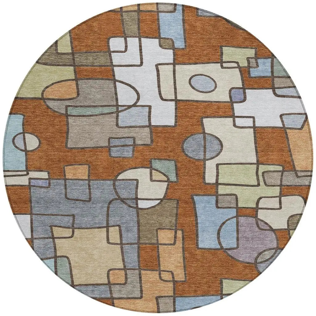 8' Orange And Copper Round Geometric Washable Indoor Outdoor Area Rug Homeroots Outdoor