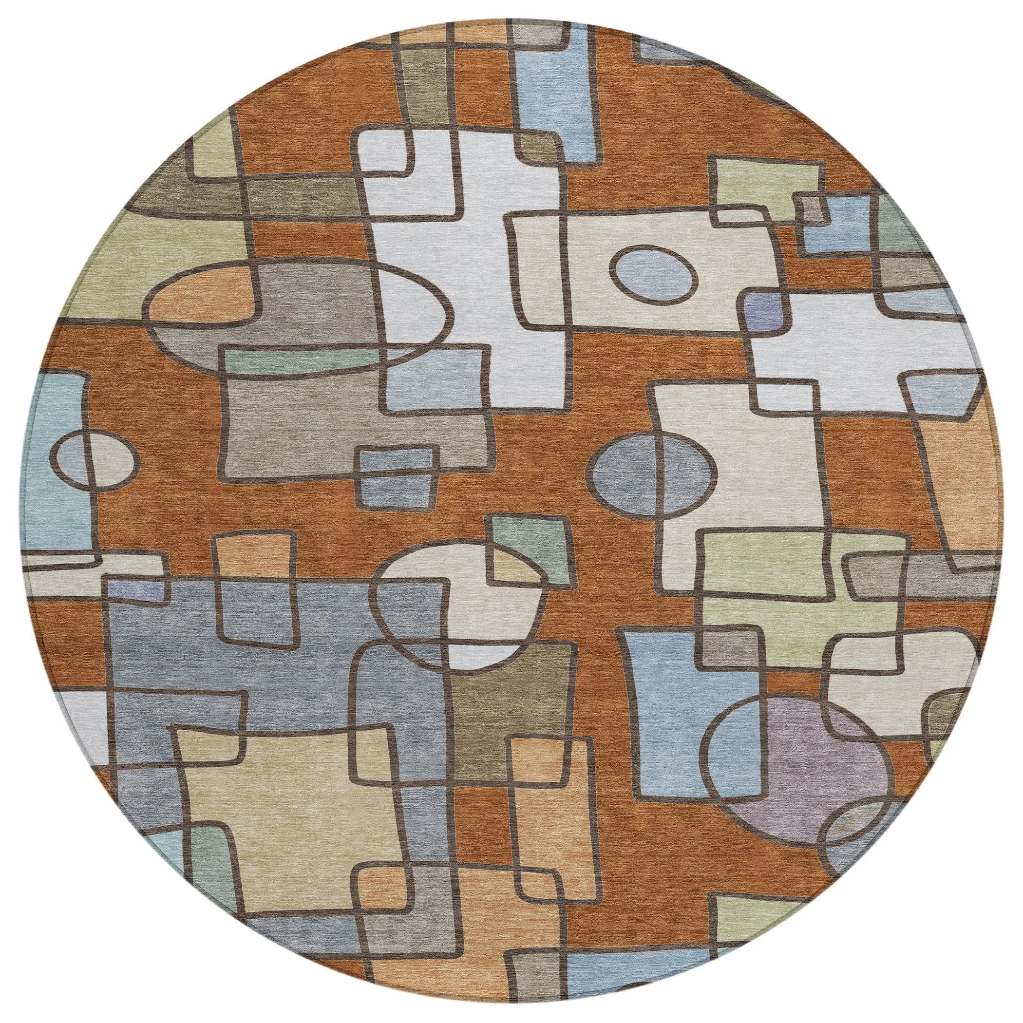 8' Orange And Copper Round Geometric Washable Indoor Outdoor Area Rug Homeroots Outdoor