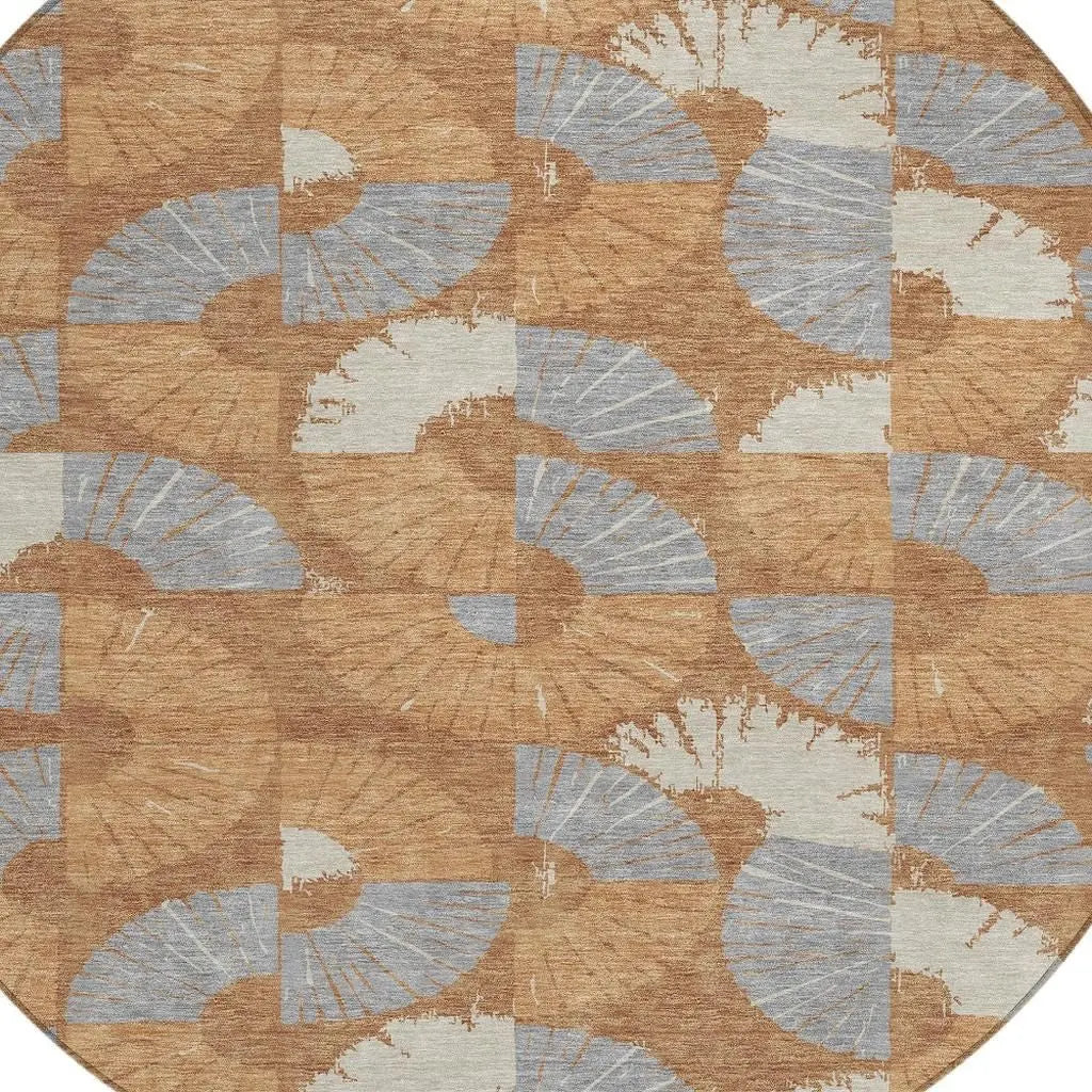 8' Orange And Copper Round Geometric Washable Indoor Outdoor Area Rug Homeroots Outdoor
