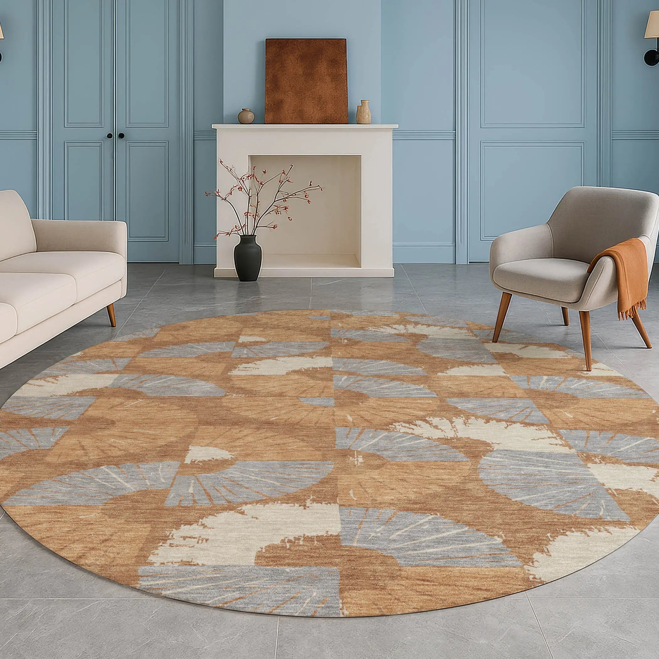 8' Orange And Copper Round Geometric Washable Indoor Outdoor Area Rug Homeroots Outdoor