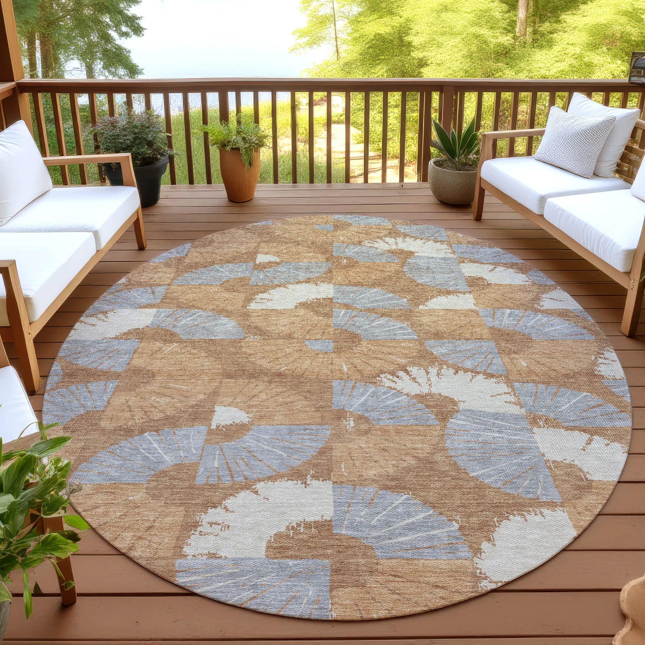 8' Orange And Copper Round Geometric Washable Indoor Outdoor Area Rug Homeroots Outdoor
