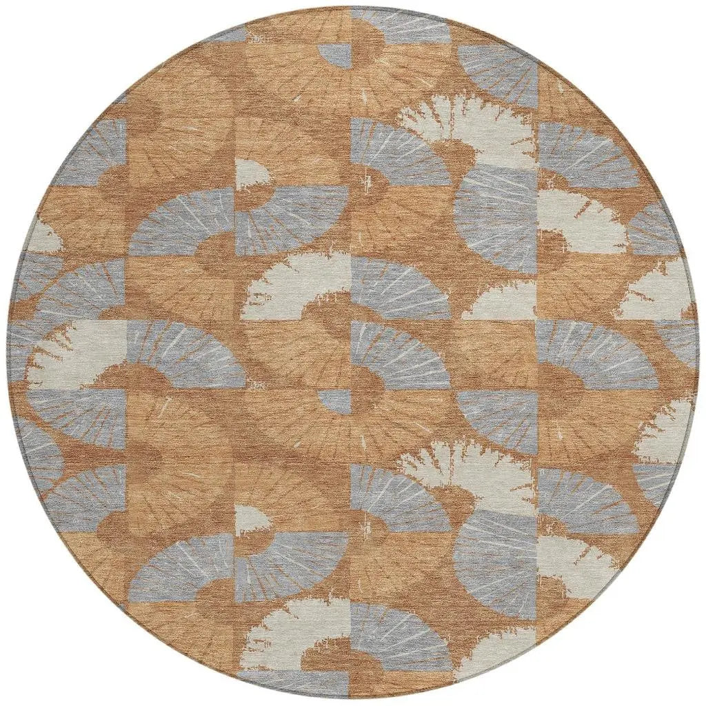 8' Orange And Copper Round Geometric Washable Indoor Outdoor Area Rug Homeroots Outdoor