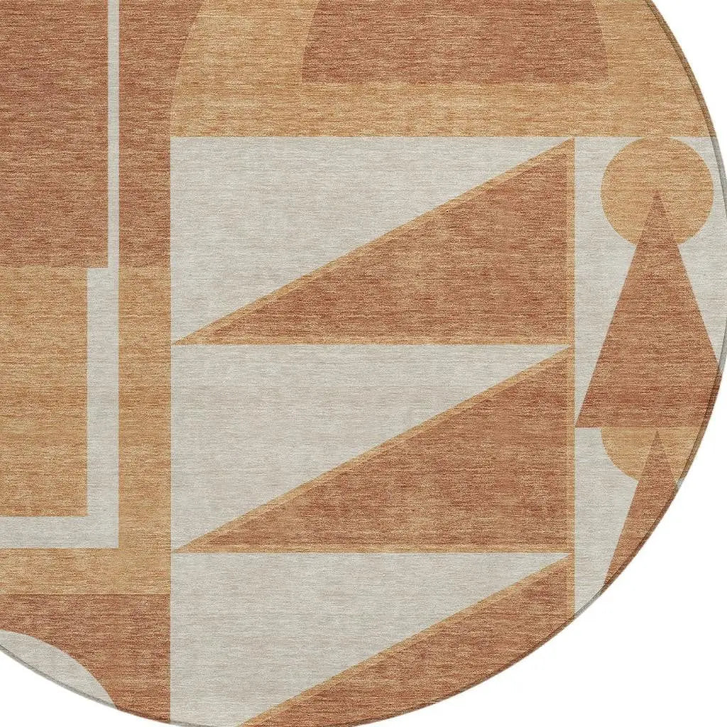 8' Orange And Copper Round Geometric Washable Indoor Outdoor Area Rug Homeroots Outdoor