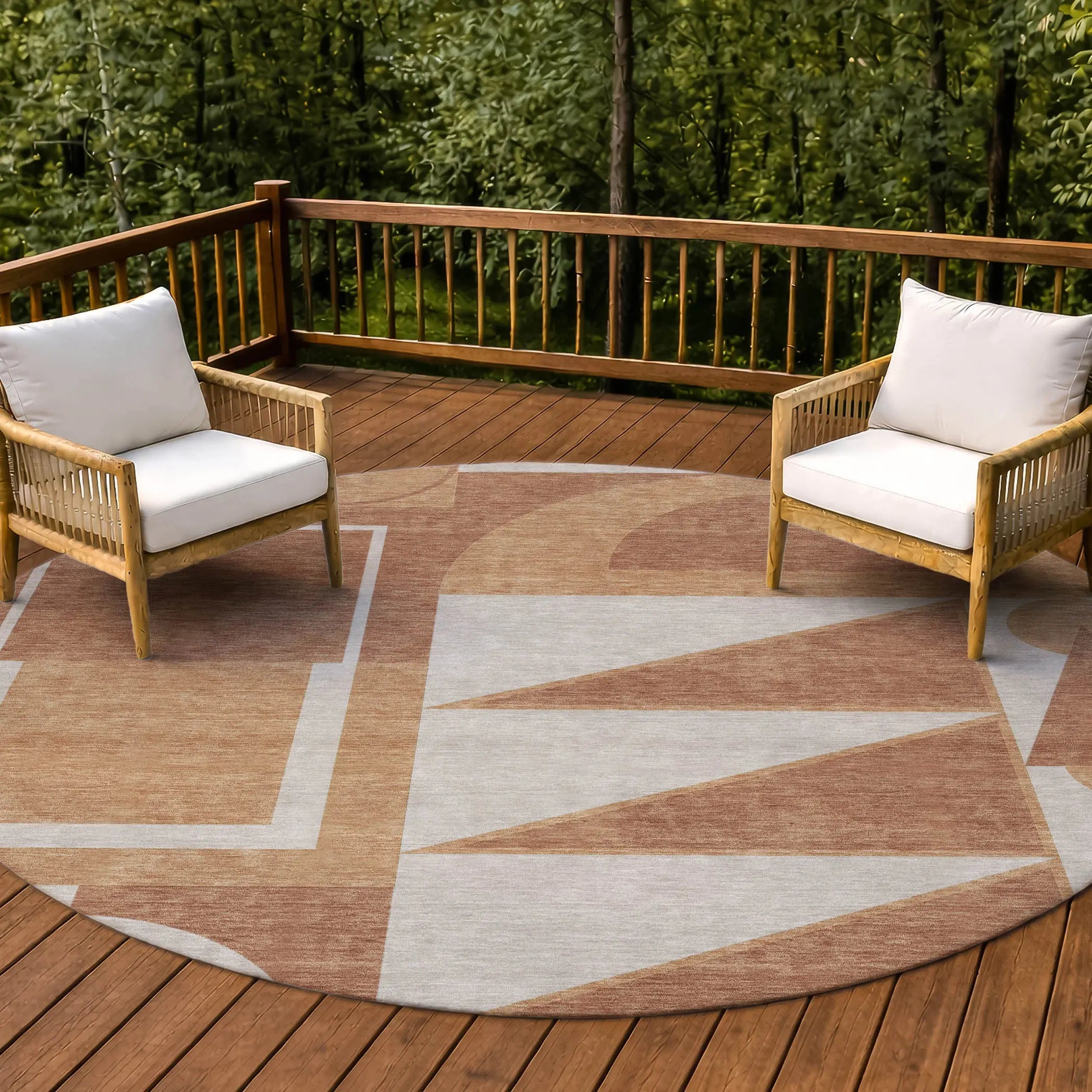 8' Orange And Copper Round Geometric Washable Indoor Outdoor Area Rug Homeroots Outdoor