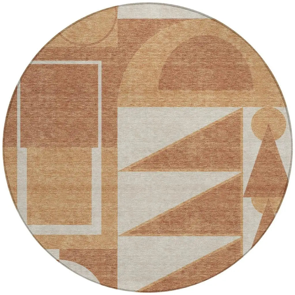8' Orange And Copper Round Geometric Washable Indoor Outdoor Area Rug Homeroots Outdoor