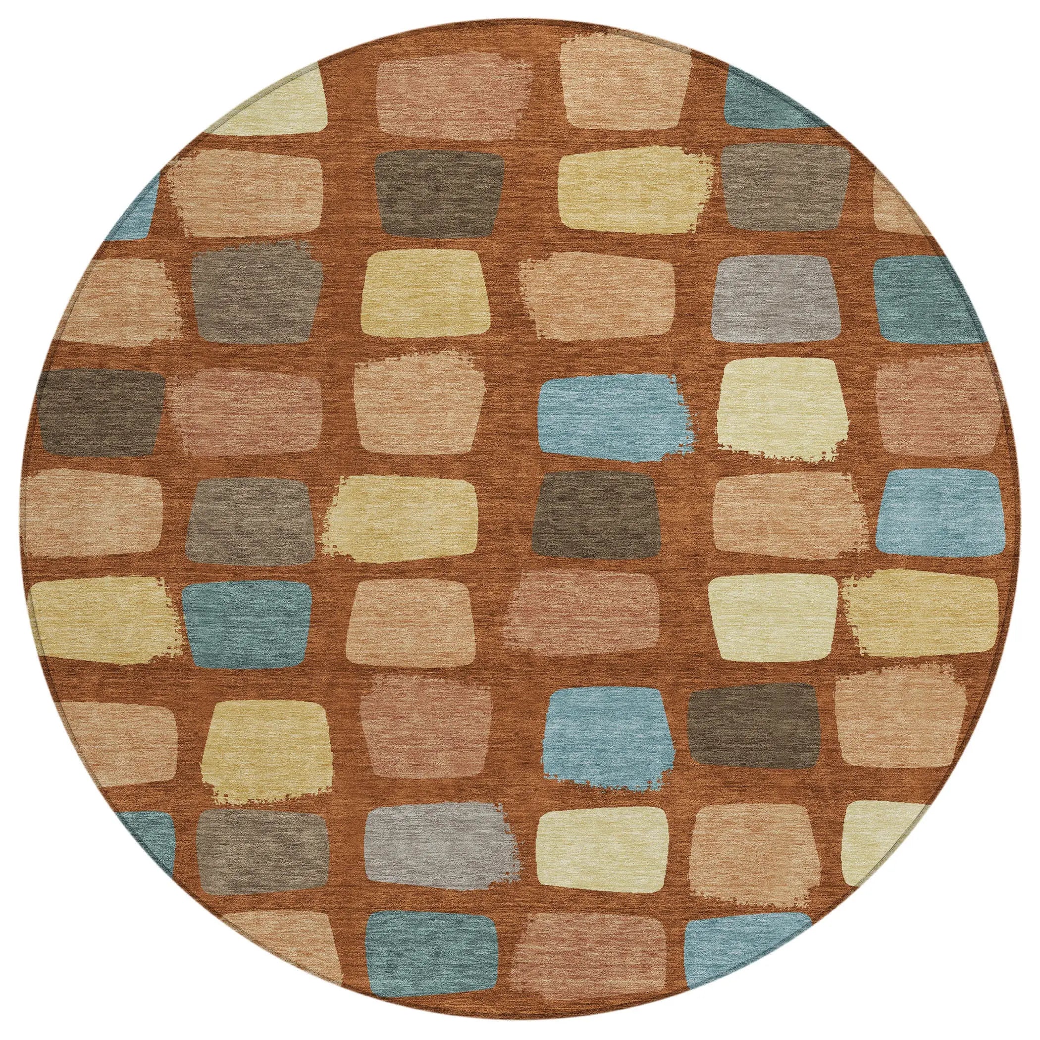 8' Orange And Copper Round Geometric Washable Indoor Outdoor Area Rug Homeroots Outdoor
