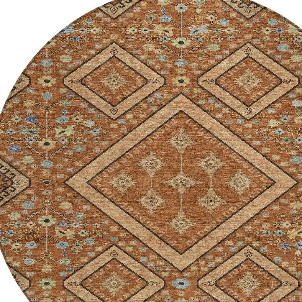 8' Orange And Copper Round Medallion Washable Indoor Outdoor Area Rug Homeroots Outdoor